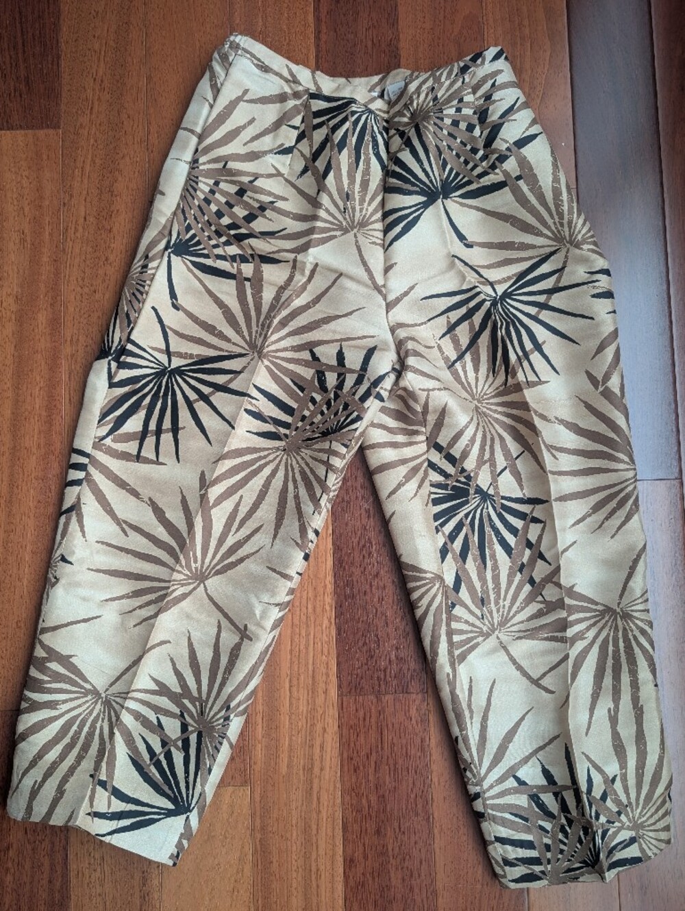 100% Silk Vintage Valerie Stevens Beige and Brown Abstract Leaf Print Pants